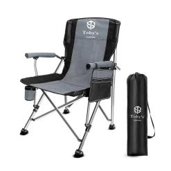 Toby's Camping Chair-08 Folding Heavy-Duty Quad Outdoor Large Chairs Support 330 lbs High Back Padded Thicken Oxford with Armrests Cup Holder Carry Bag for Outside (Grey)